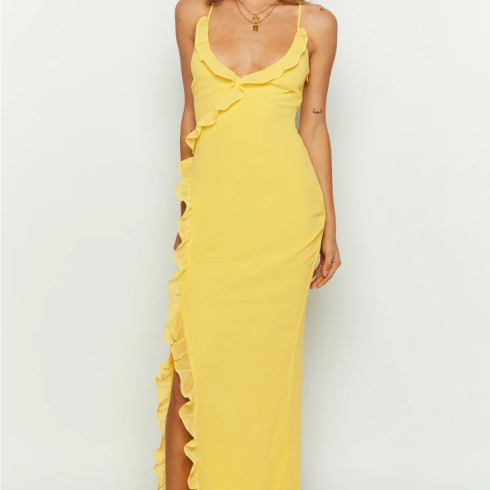 Yellow Ruched Maxi Dress with Spaghetti Straps